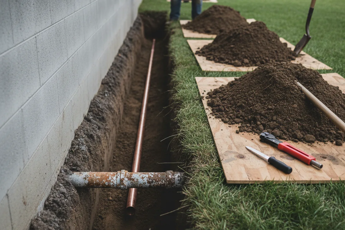 Excavated water line trench during Water Softener Installation in Turners Falls